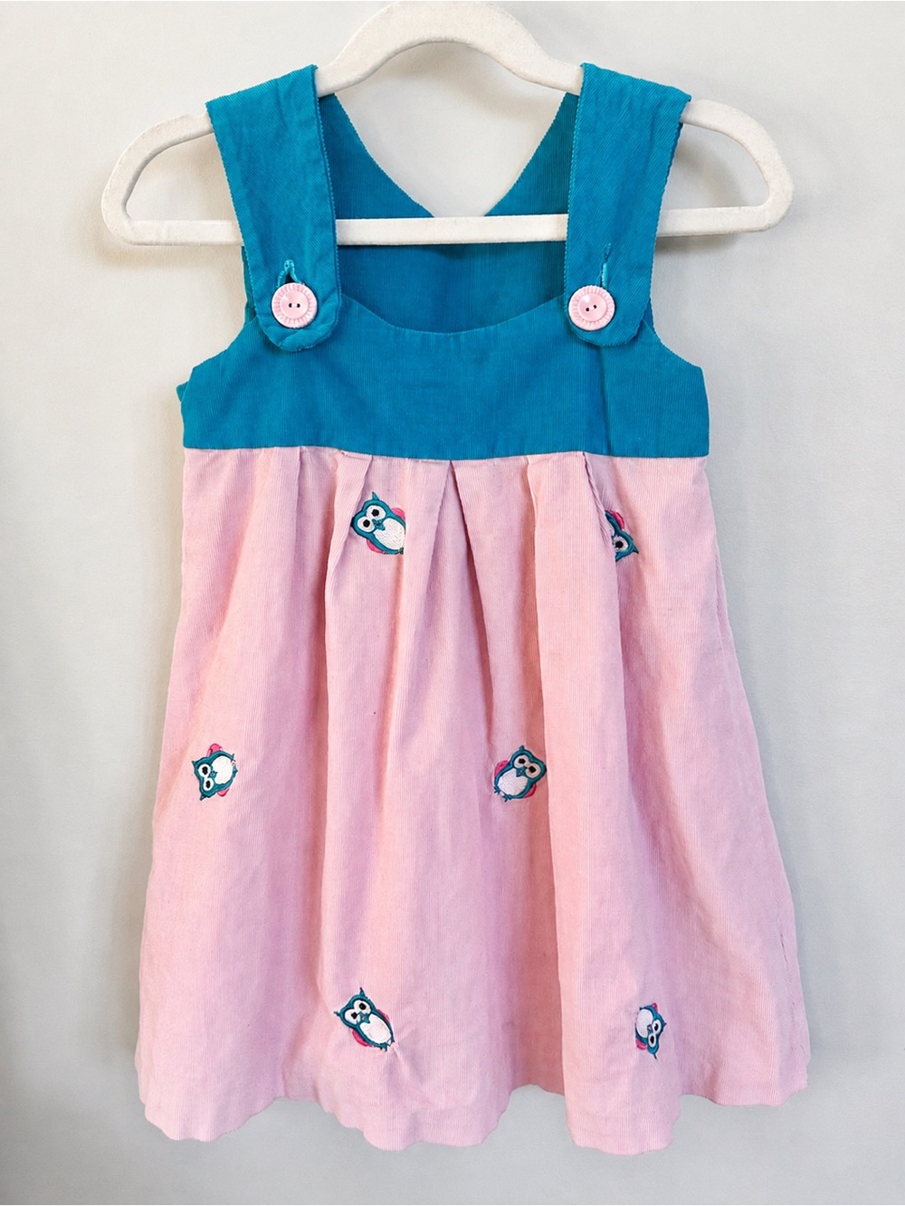 Handmade Girls Corduroy Owl Pinafore Jumper Dress Pink Teal 3T 4T